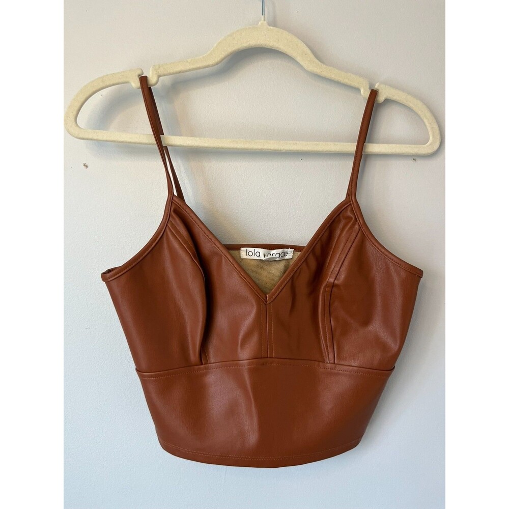 Lola Grace Faux Leather Crop Tank Top Women’s Small Brown Spaghetti Strap